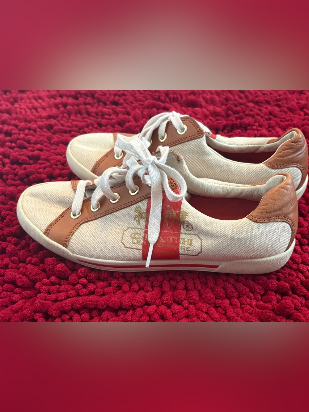 Coach Q270 Martie canvas cream, tan and red sneakers.